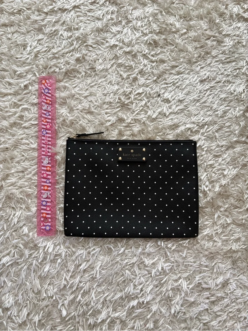 kate spade Black White Polka Dot Zip Pouch with Gold Logo